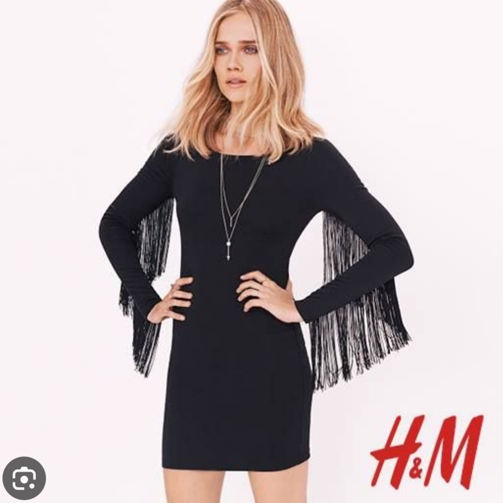 H&M Fringe Body Con Mini Dress, Scoop Back Black Sz 6, Never Worn